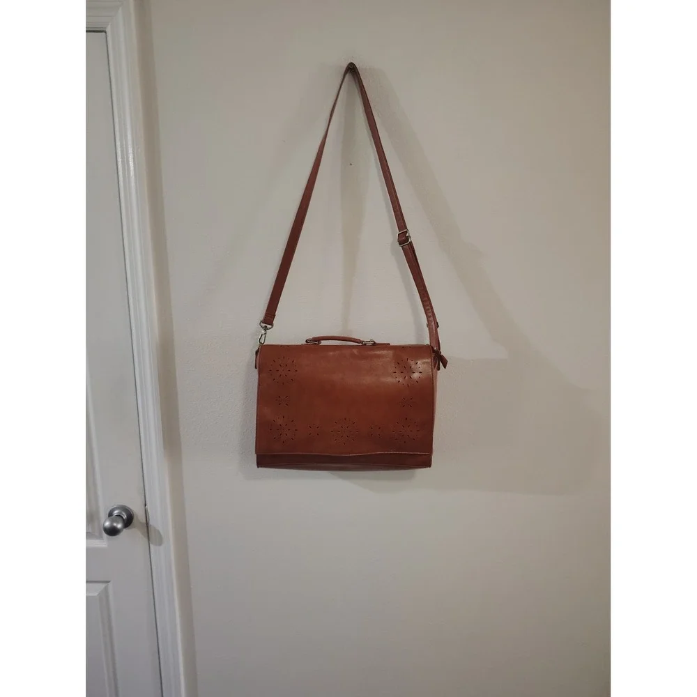 Ecosusi Vegan Leather Messenger Bag Laptop Briefcase Brown Floral Perforated